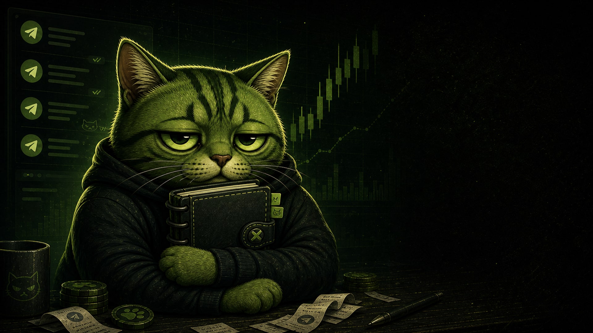 Moss, a quiet green tabby ledger cat, watching a private trading room.